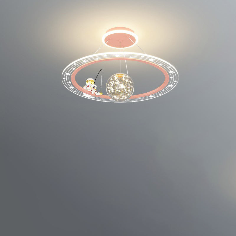 Art déco moderne pour enfants Astronaute Planète Lustre rond en acrylique et fer à LED pour salon 