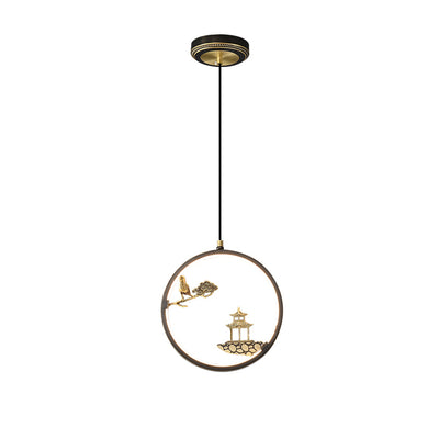 Traditionelle chinesische Vogelblumenpavillon Runde Silikon Messing LED Pendelleuchte für Wohnzimmer 