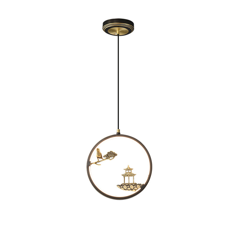 Traditionelle chinesische Vogelblumenpavillon Runde Silikon Messing LED Pendelleuchte für Wohnzimmer 