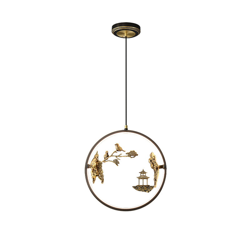 Traditionelle chinesische Vogelblumenpavillon Runde Silikon Messing LED Pendelleuchte für Wohnzimmer 