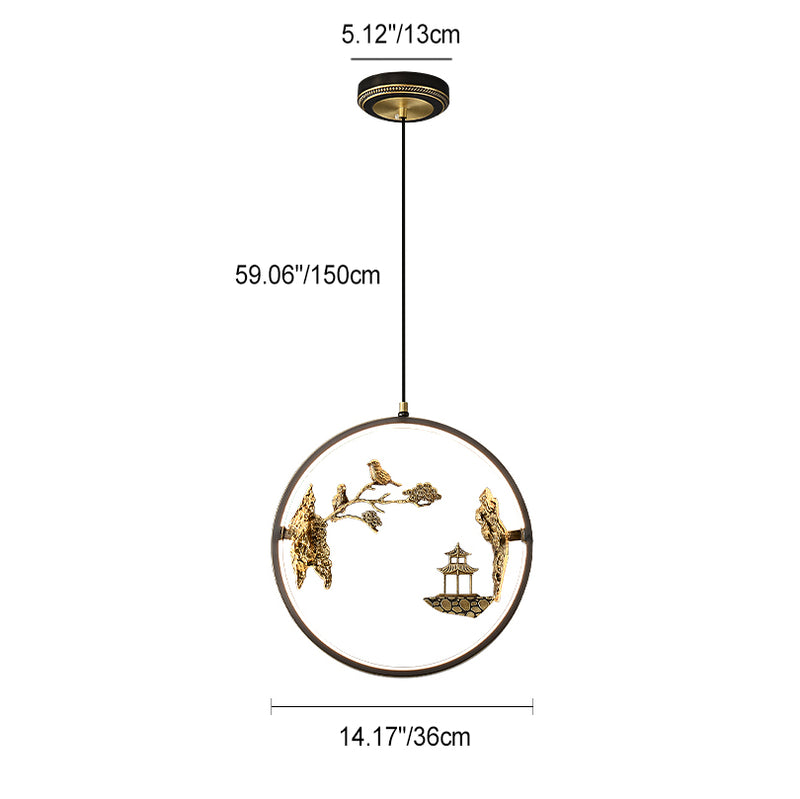 Traditionelle chinesische Vogelblumenpavillon Runde Silikon Messing LED Pendelleuchte für Wohnzimmer 