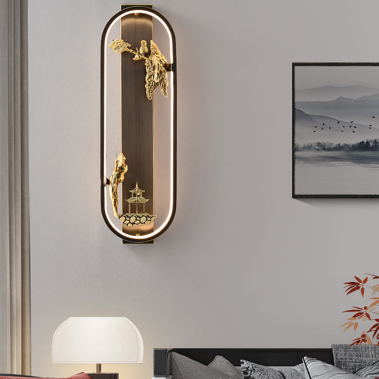 Lampe murale LED en laiton avec oiseau en jade de silicone pour pavillon rond ovale chinois traditionnel pour salon 