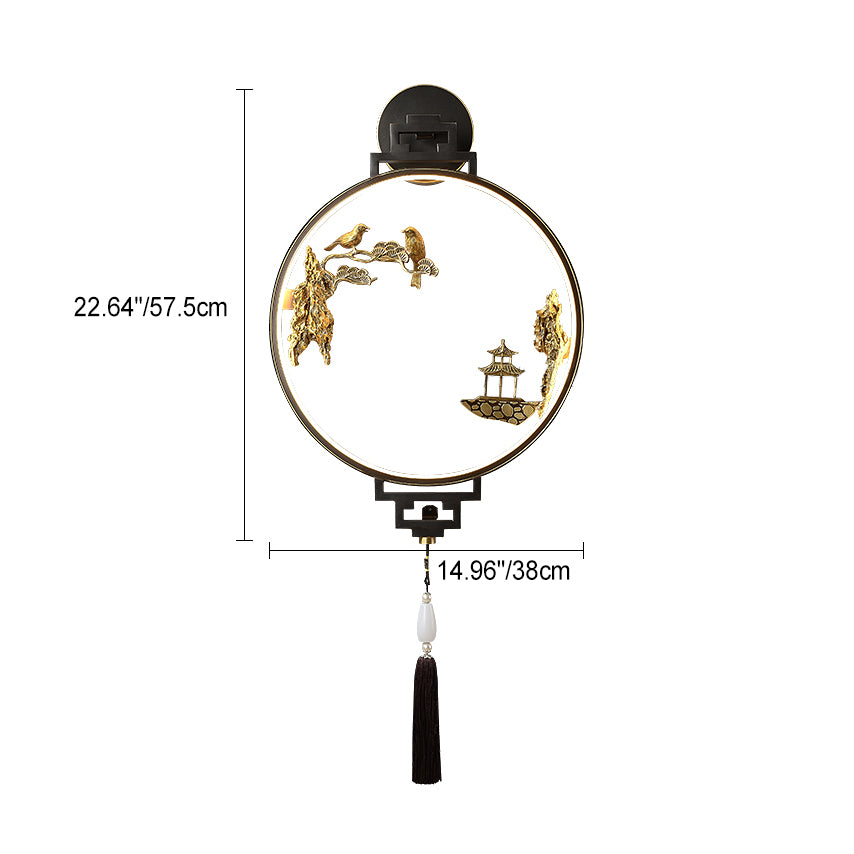 Lampe murale LED en laiton avec oiseau en jade de silicone pour pavillon rond ovale chinois traditionnel pour salon 