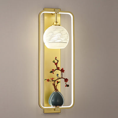 Applique Murale LED en Fer et Aluminium en Forme de Rectangle Chinois Traditionnel avec Feuilles et Vase Rond pour Chambre 