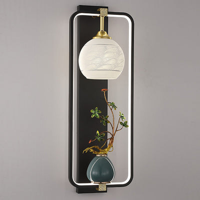 Applique Murale LED en Fer et Aluminium en Forme de Rectangle Chinois Traditionnel avec Feuilles et Vase Rond pour Chambre 
