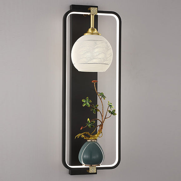 Applique Murale LED en Fer et Aluminium en Forme de Rectangle Chinois Traditionnel avec Feuilles et Vase Rond pour Chambre 