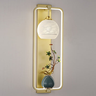 Applique Murale LED en Fer et Aluminium en Forme de Rectangle Chinois Traditionnel avec Feuilles et Vase Rond pour Chambre 