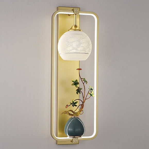 Applique Murale LED en Fer et Aluminium en Forme de Rectangle Chinois Traditionnel avec Feuilles et Vase Rond pour Chambre 