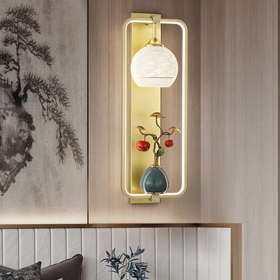 Applique Murale LED en Fer et Aluminium en Forme de Rectangle Chinois Traditionnel avec Feuilles et Vase Rond pour Chambre 