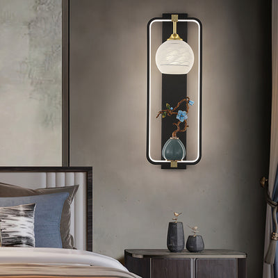 Applique Murale LED en Fer et Aluminium en Forme de Rectangle Chinois Traditionnel avec Feuilles et Vase Rond pour Chambre 