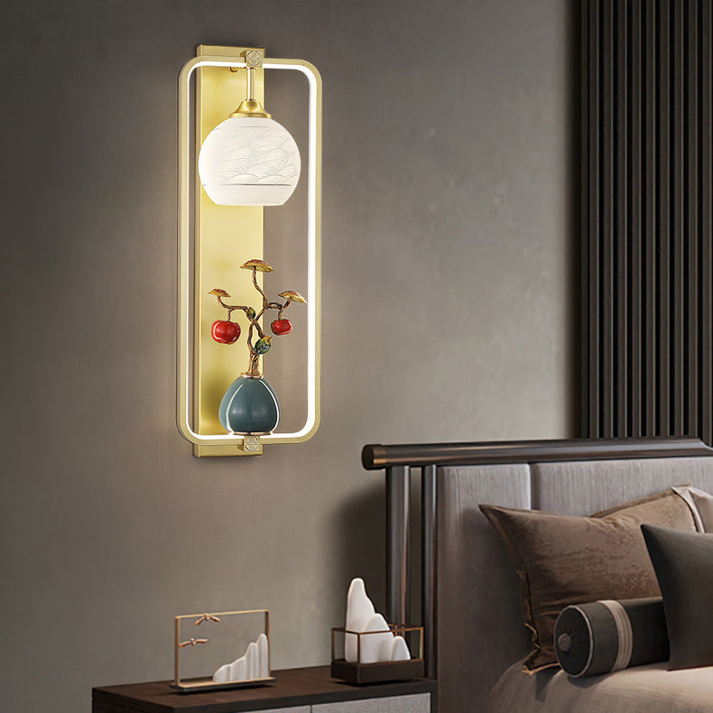 Applique Murale LED en Fer et Aluminium en Forme de Rectangle Chinois Traditionnel avec Feuilles et Vase Rond pour Chambre 