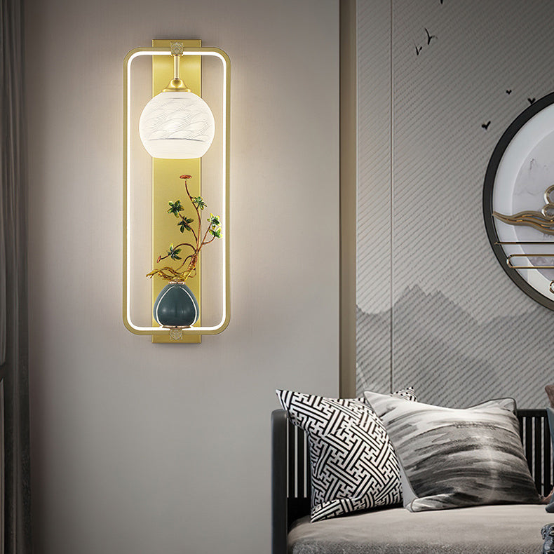 Applique Murale LED en Fer et Aluminium en Forme de Rectangle Chinois Traditionnel avec Feuilles et Vase Rond pour Chambre 