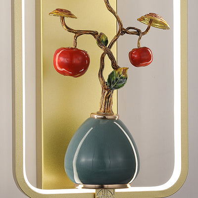 Applique Murale LED en Fer et Aluminium en Forme de Rectangle Chinois Traditionnel avec Feuilles et Vase Rond pour Chambre 