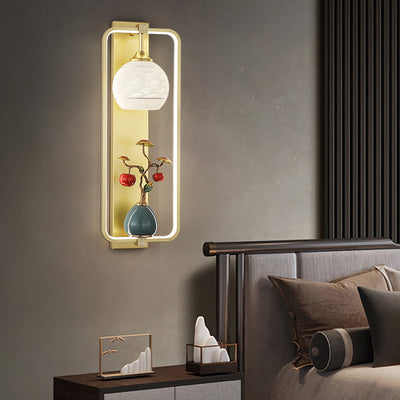 Applique Murale LED en Fer et Aluminium en Forme de Rectangle Chinois Traditionnel avec Feuilles et Vase Rond pour Chambre 
