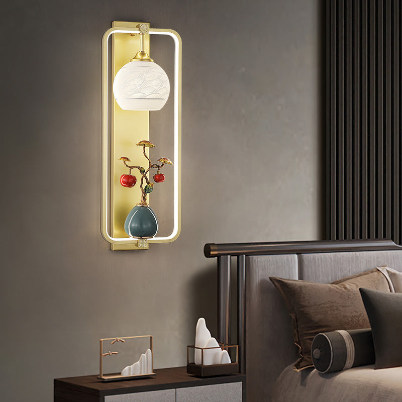 Applique Murale LED en Fer et Aluminium en Forme de Rectangle Chinois Traditionnel avec Feuilles et Vase Rond pour Chambre 