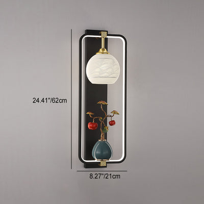 Applique Murale LED en Fer et Aluminium en Forme de Rectangle Chinois Traditionnel avec Feuilles et Vase Rond pour Chambre 