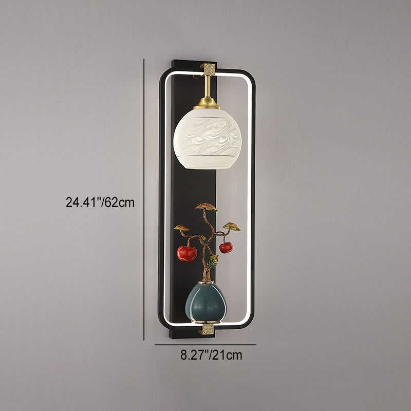 Applique Murale LED en Fer et Aluminium en Forme de Rectangle Chinois Traditionnel avec Feuilles et Vase Rond pour Chambre 