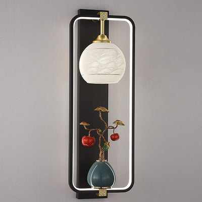 Applique Murale LED en Fer et Aluminium en Forme de Rectangle Chinois Traditionnel avec Feuilles et Vase Rond pour Chambre 
