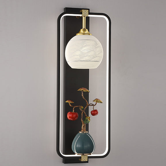 Applique Murale LED en Fer et Aluminium en Forme de Rectangle Chinois Traditionnel avec Feuilles et Vase Rond pour Chambre 