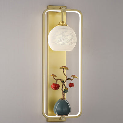 Applique Murale LED en Fer et Aluminium en Forme de Rectangle Chinois Traditionnel avec Feuilles et Vase Rond pour Chambre 