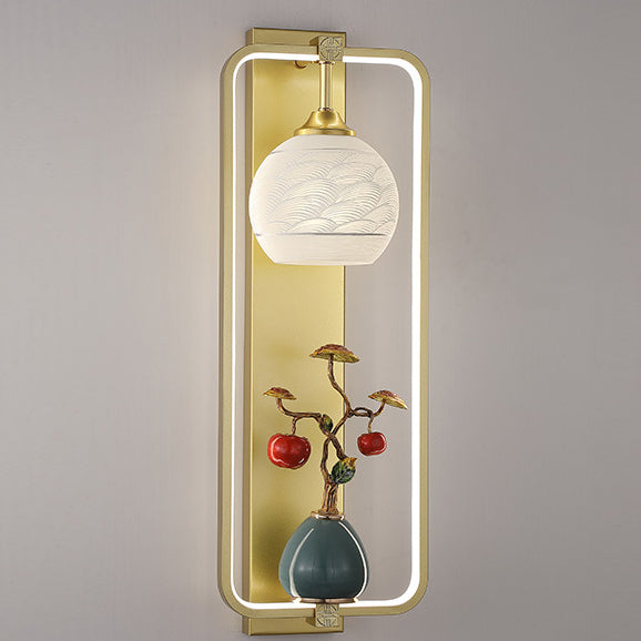 Applique Murale LED en Fer et Aluminium en Forme de Rectangle Chinois Traditionnel avec Feuilles et Vase Rond pour Chambre 