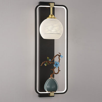 Applique Murale LED en Fer et Aluminium en Forme de Rectangle Chinois Traditionnel avec Feuilles et Vase Rond pour Chambre 