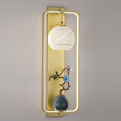 Applique Murale LED en Fer et Aluminium en Forme de Rectangle Chinois Traditionnel avec Feuilles et Vase Rond pour Chambre 