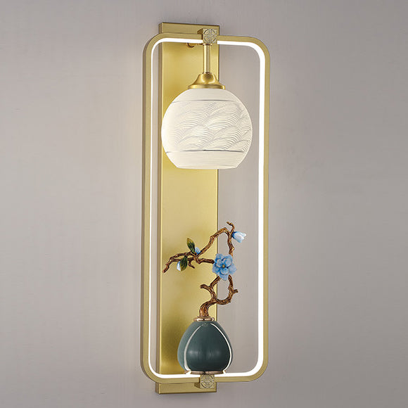 Applique Murale LED en Fer et Aluminium en Forme de Rectangle Chinois Traditionnel avec Feuilles et Vase Rond pour Chambre 