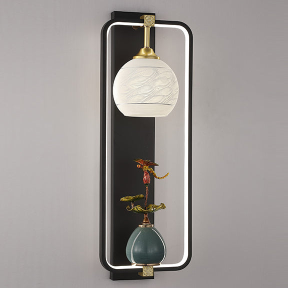 Applique Murale LED en Fer et Aluminium en Forme de Rectangle Chinois Traditionnel avec Feuilles et Vase Rond pour Chambre 