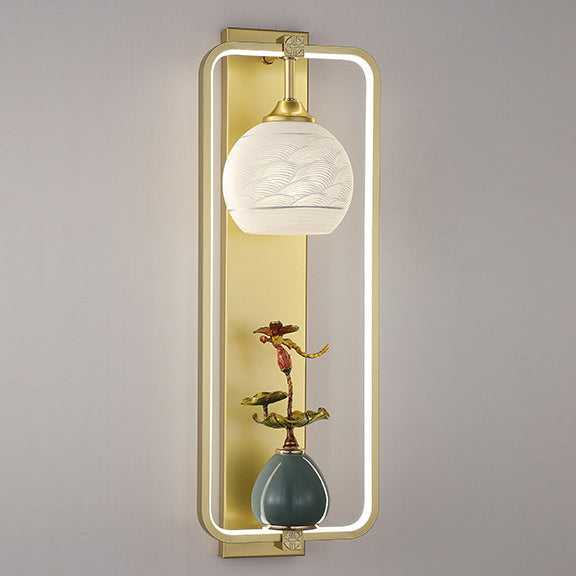 Applique Murale LED en Fer et Aluminium en Forme de Rectangle Chinois Traditionnel avec Feuilles et Vase Rond pour Chambre 