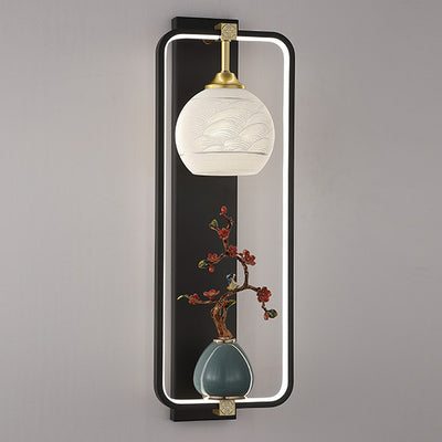 Applique Murale LED en Fer et Aluminium en Forme de Rectangle Chinois Traditionnel avec Feuilles et Vase Rond pour Chambre 