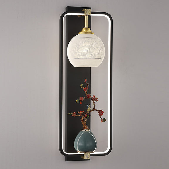 Applique Murale LED en Fer et Aluminium en Forme de Rectangle Chinois Traditionnel avec Feuilles et Vase Rond pour Chambre 
