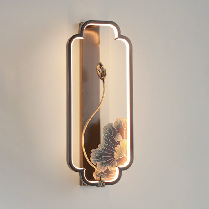 Traditionelle chinesische Lotus Rechteck Fisch Holz Bronze LED Wandleuchte für Wohnzimmer 