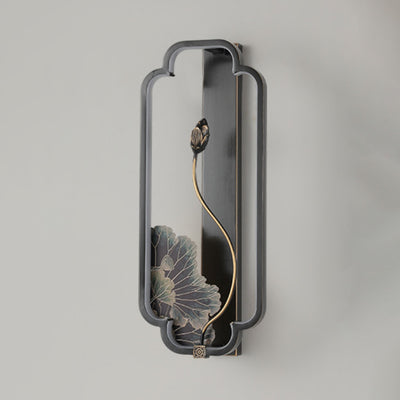 Lampe murale LED en bronze et bois avec poisson en rectangle de lotus chinois traditionnel pour salon 