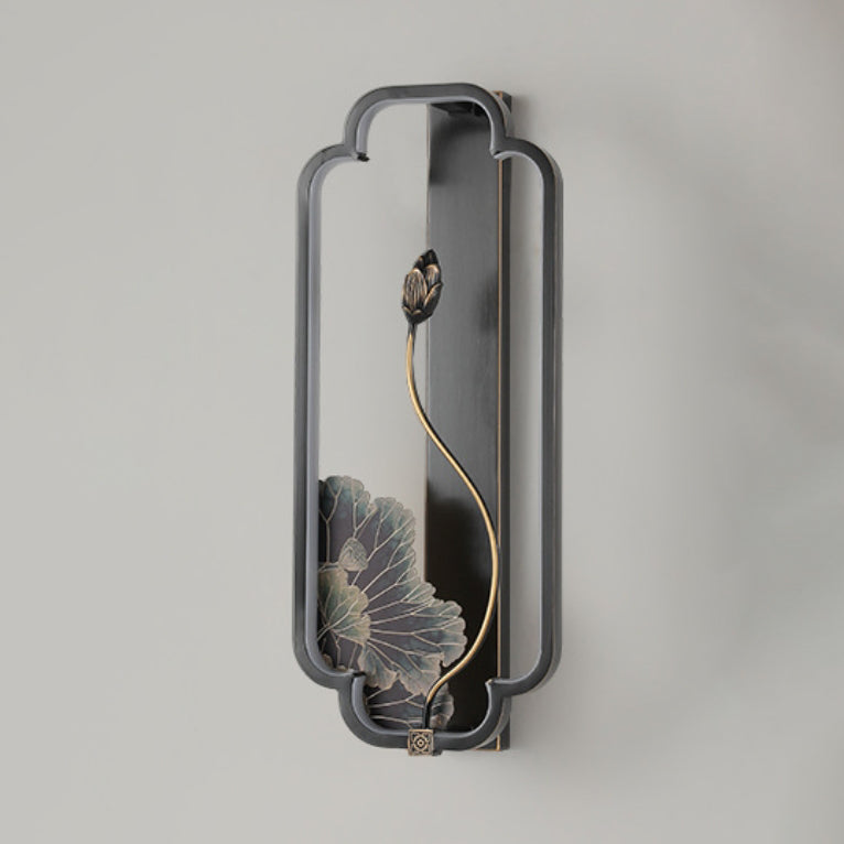 Lampe murale LED en bronze et bois avec poisson en rectangle de lotus chinois traditionnel pour salon 
