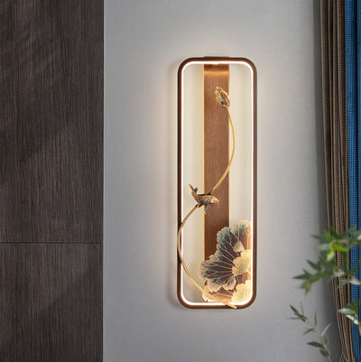 Lampe murale LED en bronze et bois avec poisson en rectangle de lotus chinois traditionnel pour salon 