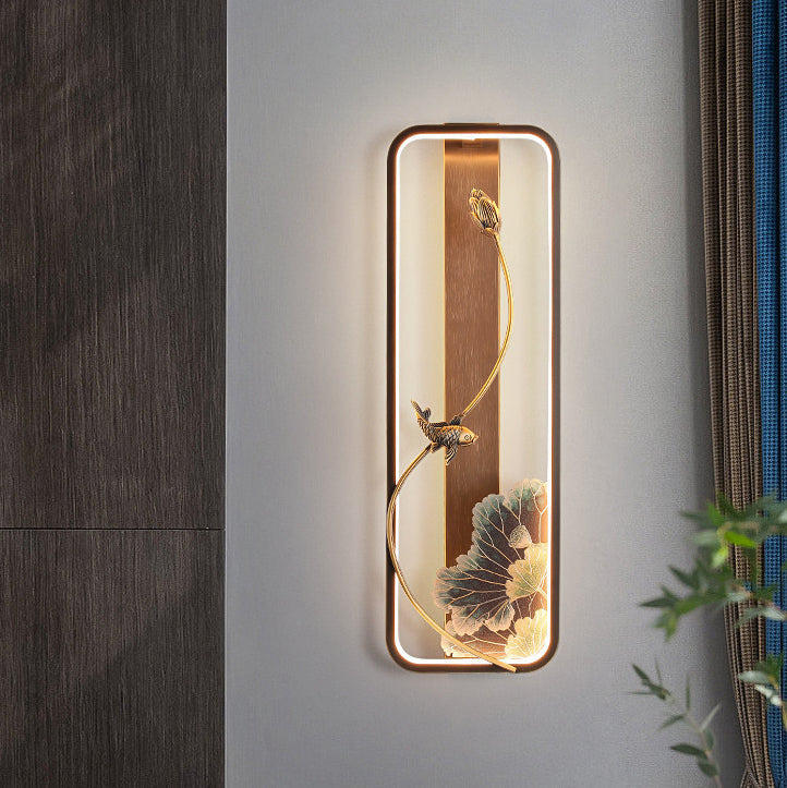 Lampe murale LED en bronze et bois avec poisson en rectangle de lotus chinois traditionnel pour salon 