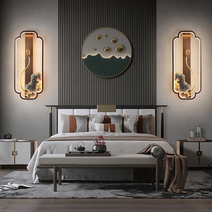 Traditional Chinese Lotus Rectangle Fish Wood Bronze LED Wall Sconce Lamp For Living Room