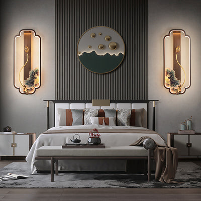 Lampe murale LED en bronze et bois avec poisson en rectangle de lotus chinois traditionnel pour salon 