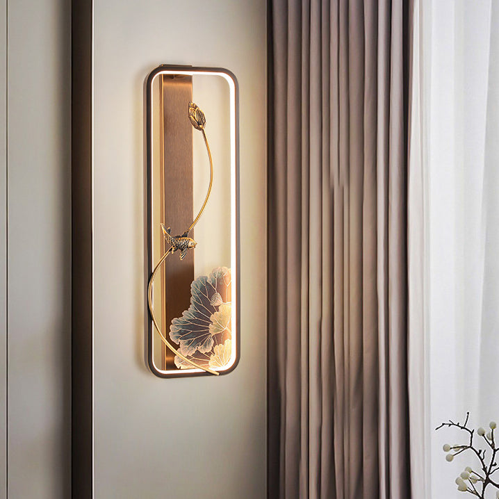 Traditionelle chinesische Lotus Rechteck Fisch Holz Bronze LED Wandleuchte für Wohnzimmer 