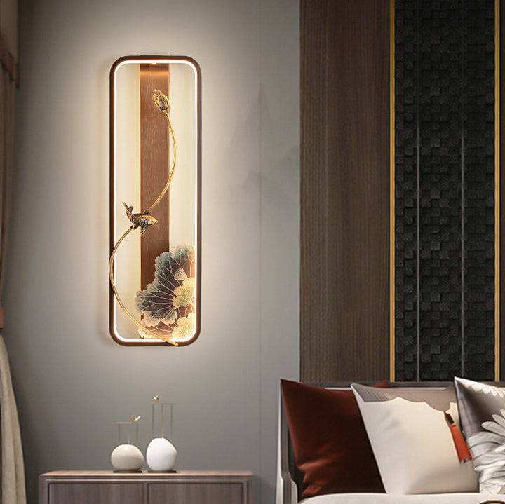 Traditionelle chinesische Lotus Rechteck Fisch Holz Bronze LED Wandleuchte für Wohnzimmer 