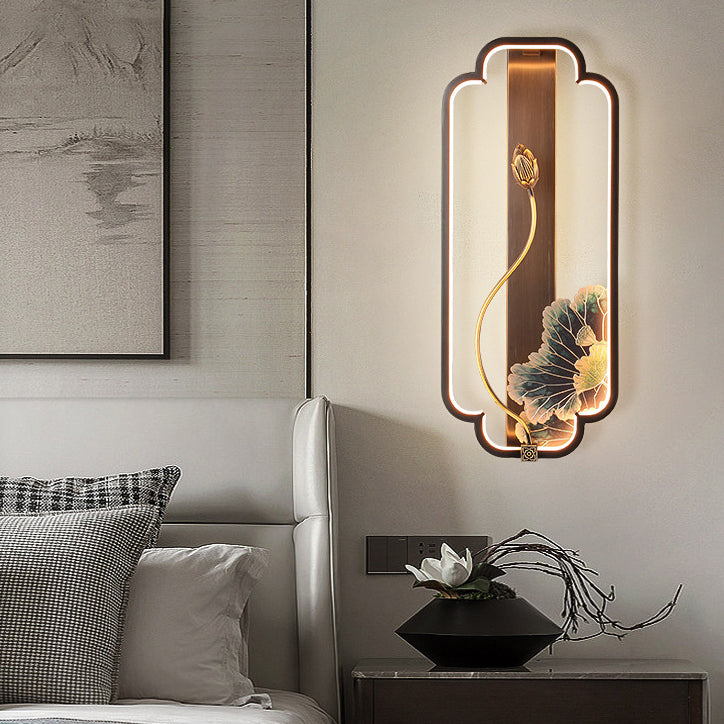Lampe murale LED en bronze et bois avec poisson en rectangle de lotus chinois traditionnel pour salon 
