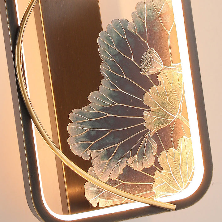 Traditionelle chinesische Lotus Rechteck Fisch Holz Bronze LED Wandleuchte für Wohnzimmer 
