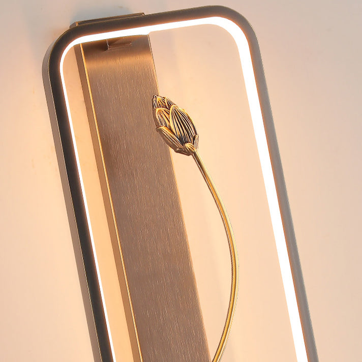 Traditionelle chinesische Lotus Rechteck Fisch Holz Bronze LED Wandleuchte für Wohnzimmer 