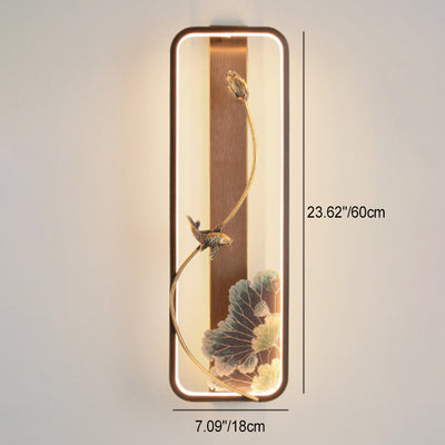 Lampe murale LED en bronze et bois avec poisson en rectangle de lotus chinois traditionnel pour salon 