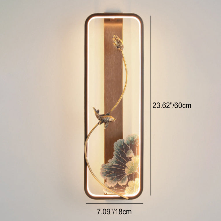 Lampe murale LED en bronze et bois avec poisson en rectangle de lotus chinois traditionnel pour salon 