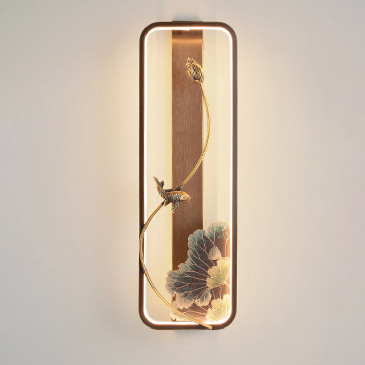 Traditionelle chinesische Lotus Rechteck Fisch Holz Bronze LED Wandleuchte für Wohnzimmer 