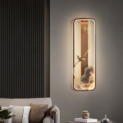 Lampe murale LED en bronze et bois avec poisson en rectangle de lotus chinois traditionnel pour salon 