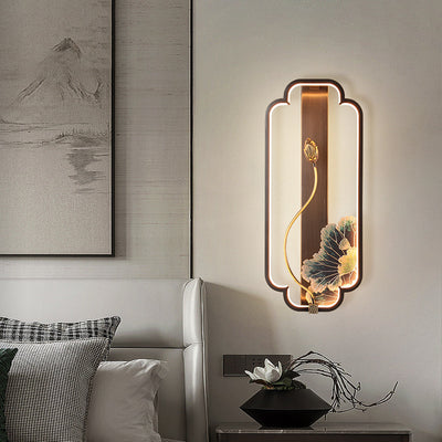 Lampe murale LED en bronze et bois avec poisson en rectangle de lotus chinois traditionnel pour salon 