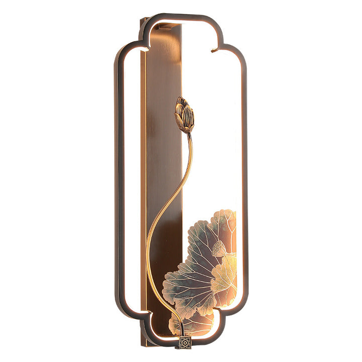 Traditionelle chinesische Lotus Rechteck Fisch Holz Bronze LED Wandleuchte für Wohnzimmer 